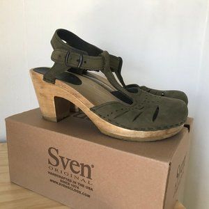 Sven Original Olive Nubuck Leather T-Strap Clogs